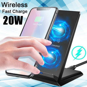 20W Double coil Qi Wireless Fast Charger Vertical Quick Charging Bracket High Power Docking Stand